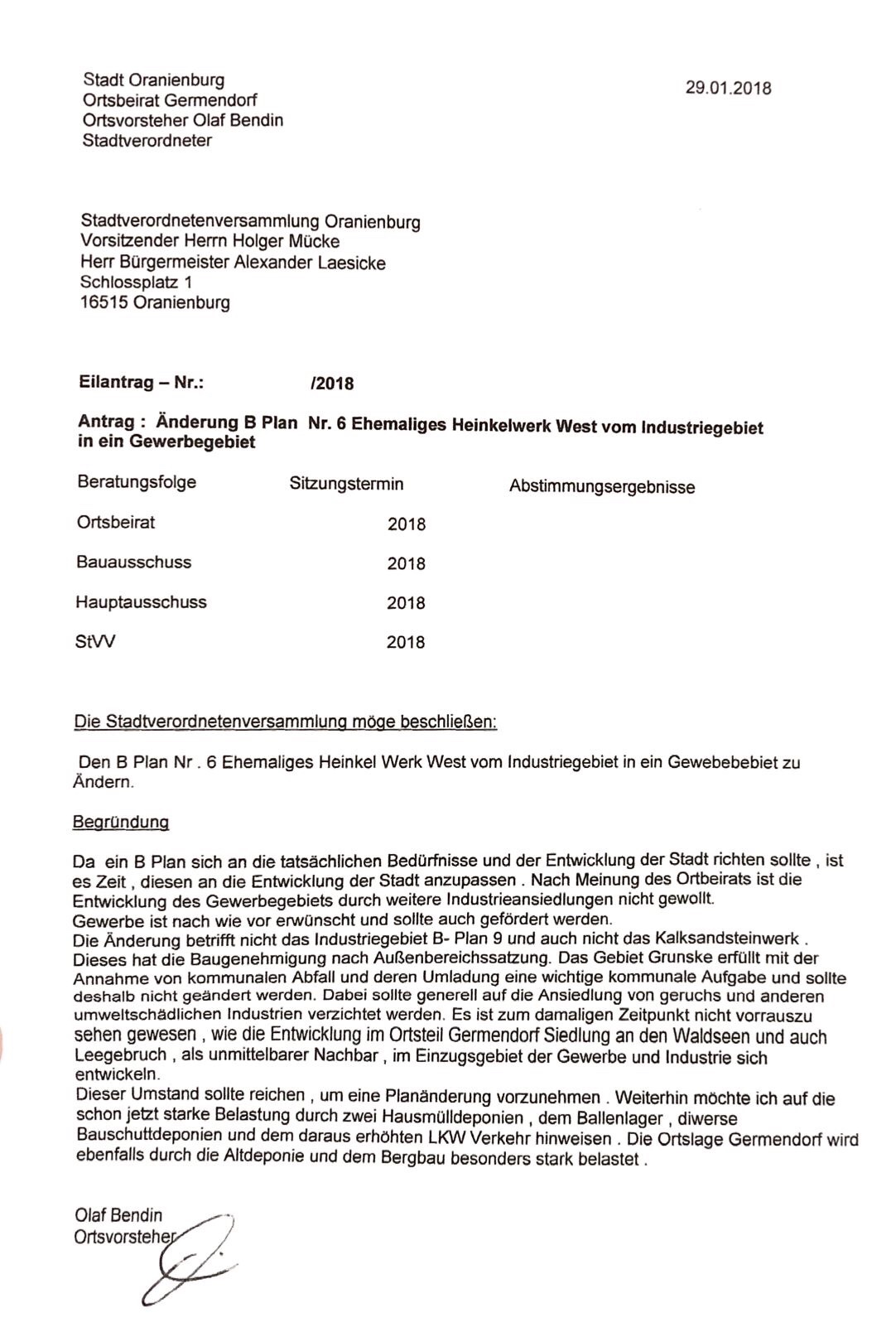 Update! Ortsbeirat stellt Eilantrag zur Änderung des Bebauungsplans des Germendorfer Industriegebiets.